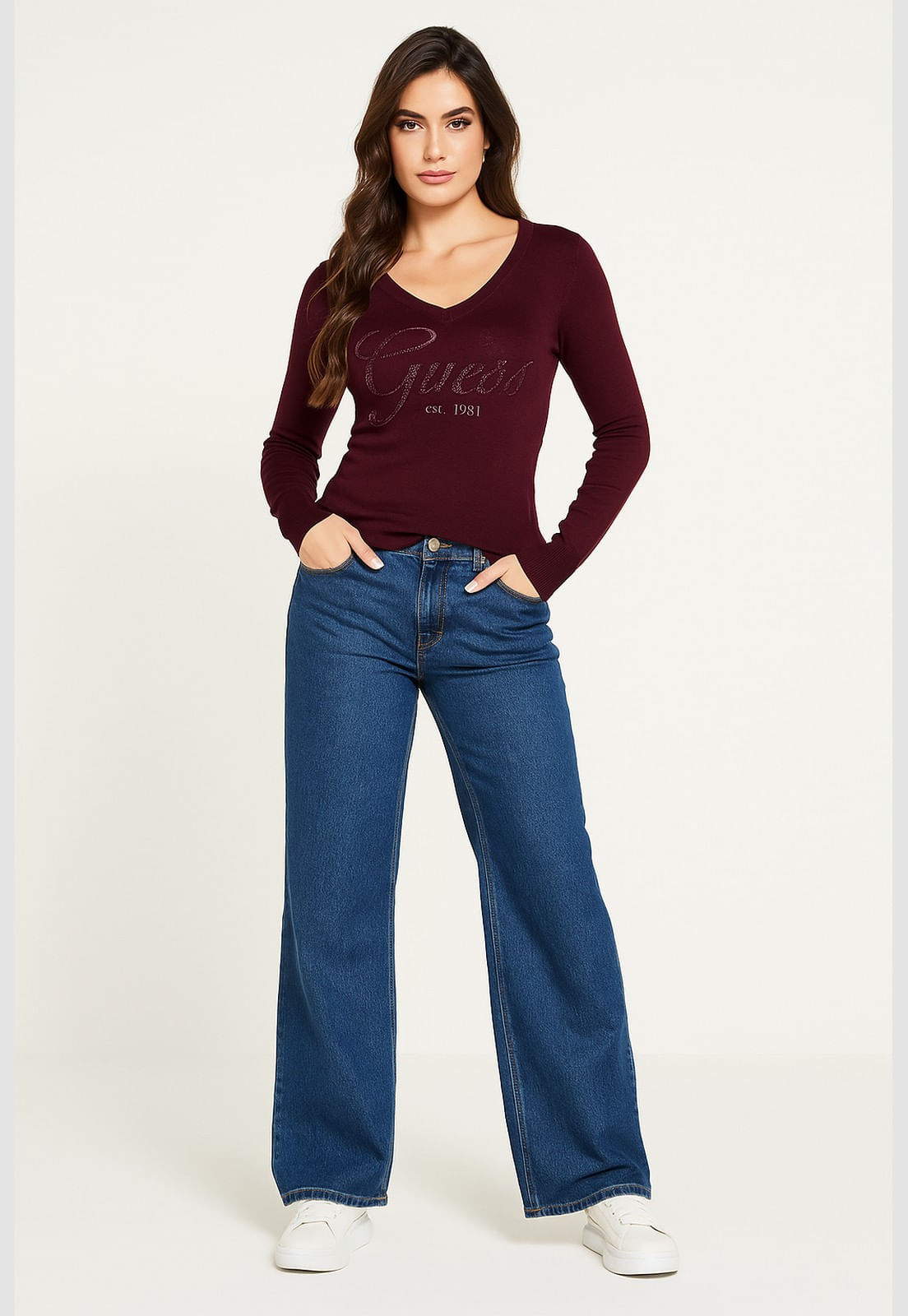 Suéter de Tricot Guess Dec V Bordado E Hot Fix Vinho - Imagem 11