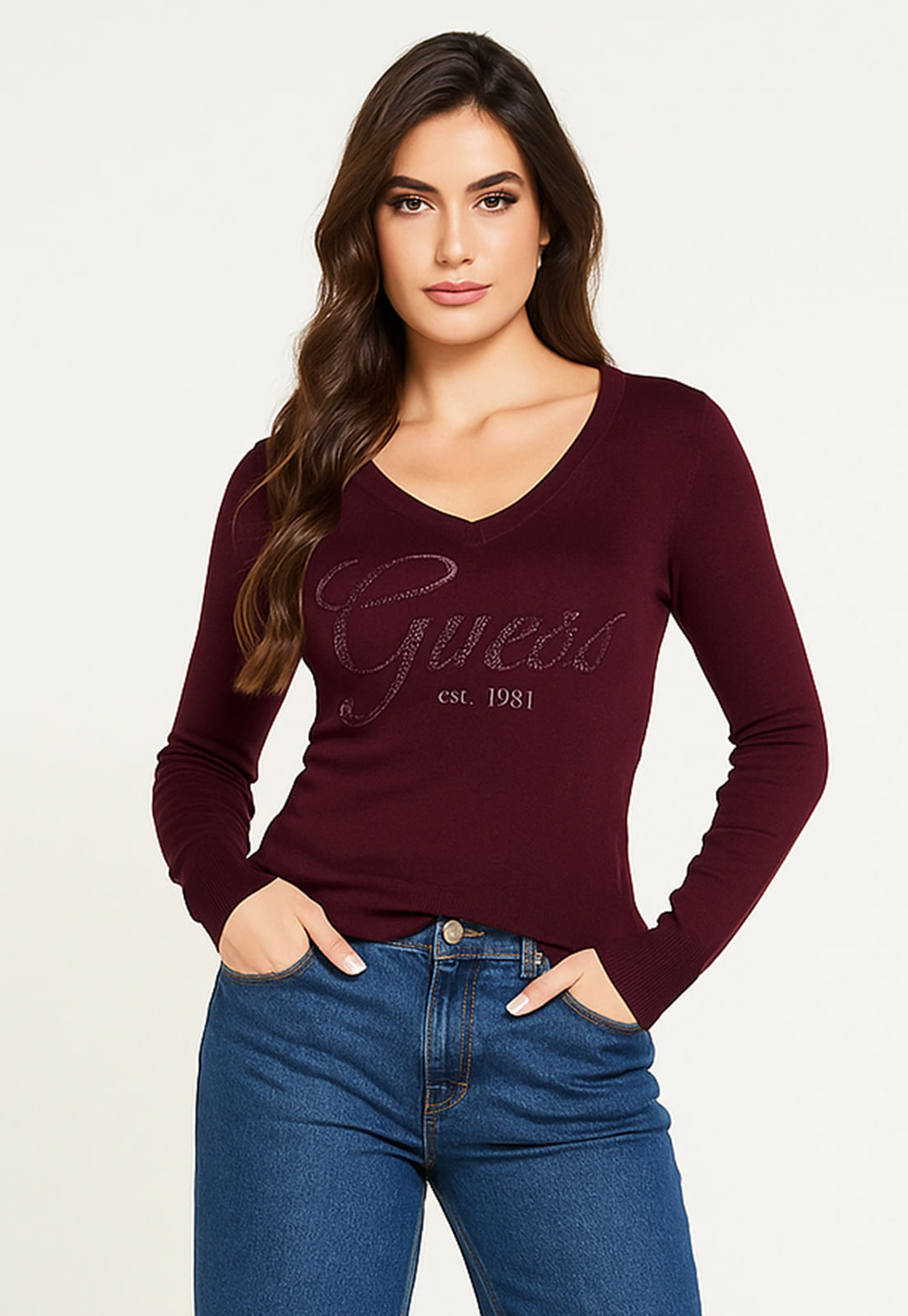 Suéter de Tricot Guess Dec V Bordado E Hot Fix Vinho - Imagem 10