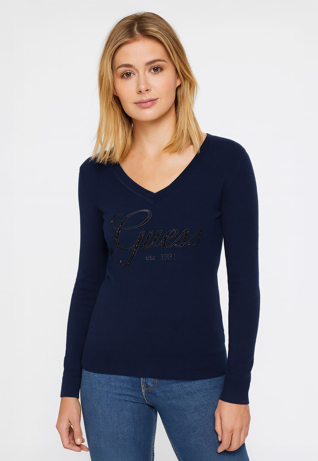 Suéter de Tricot Guess Dec V Bordado E Hot Fix Azul Marinho - Imagem 9