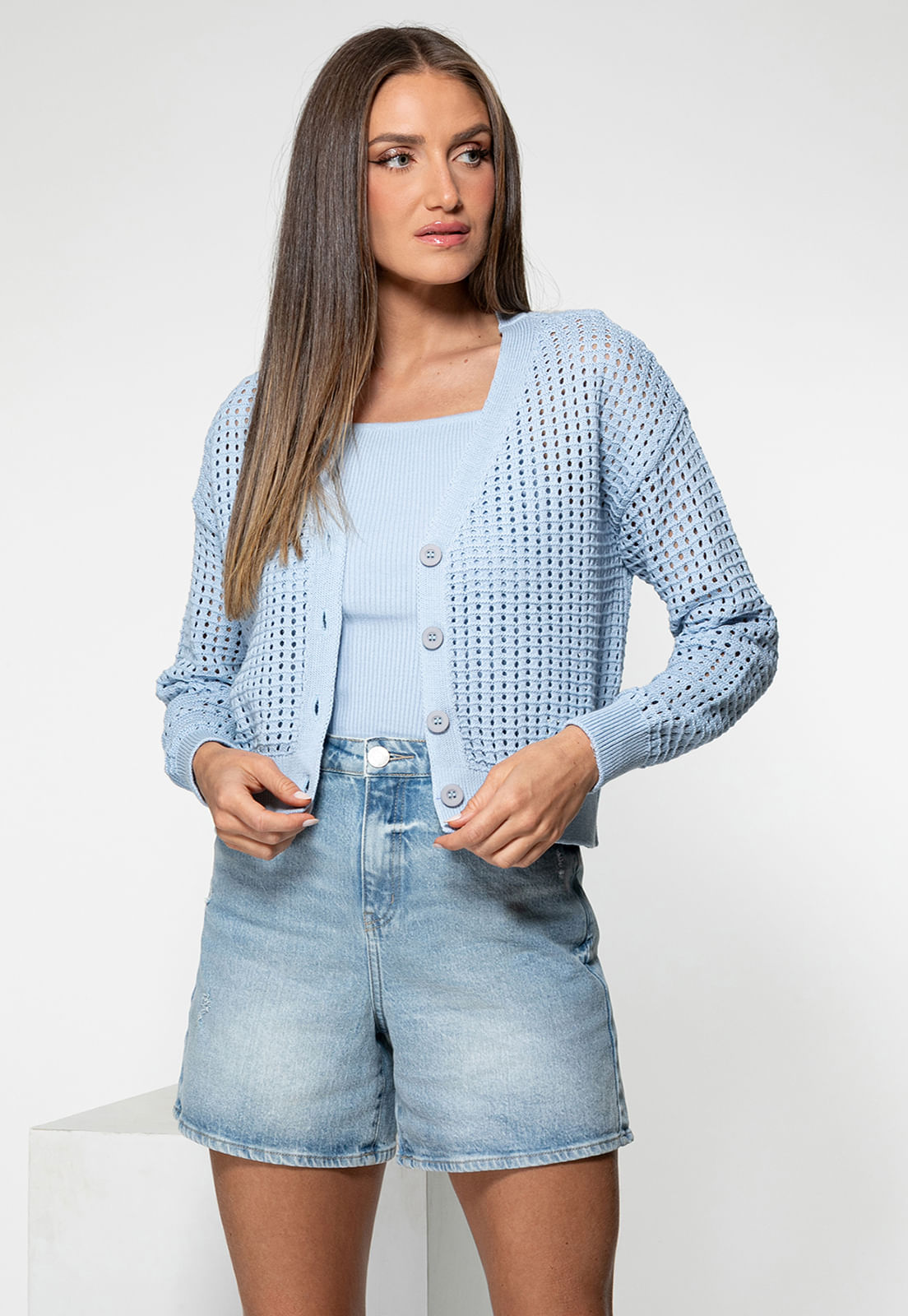 Cardigan Tricot Vazado Azul - Imagem 10