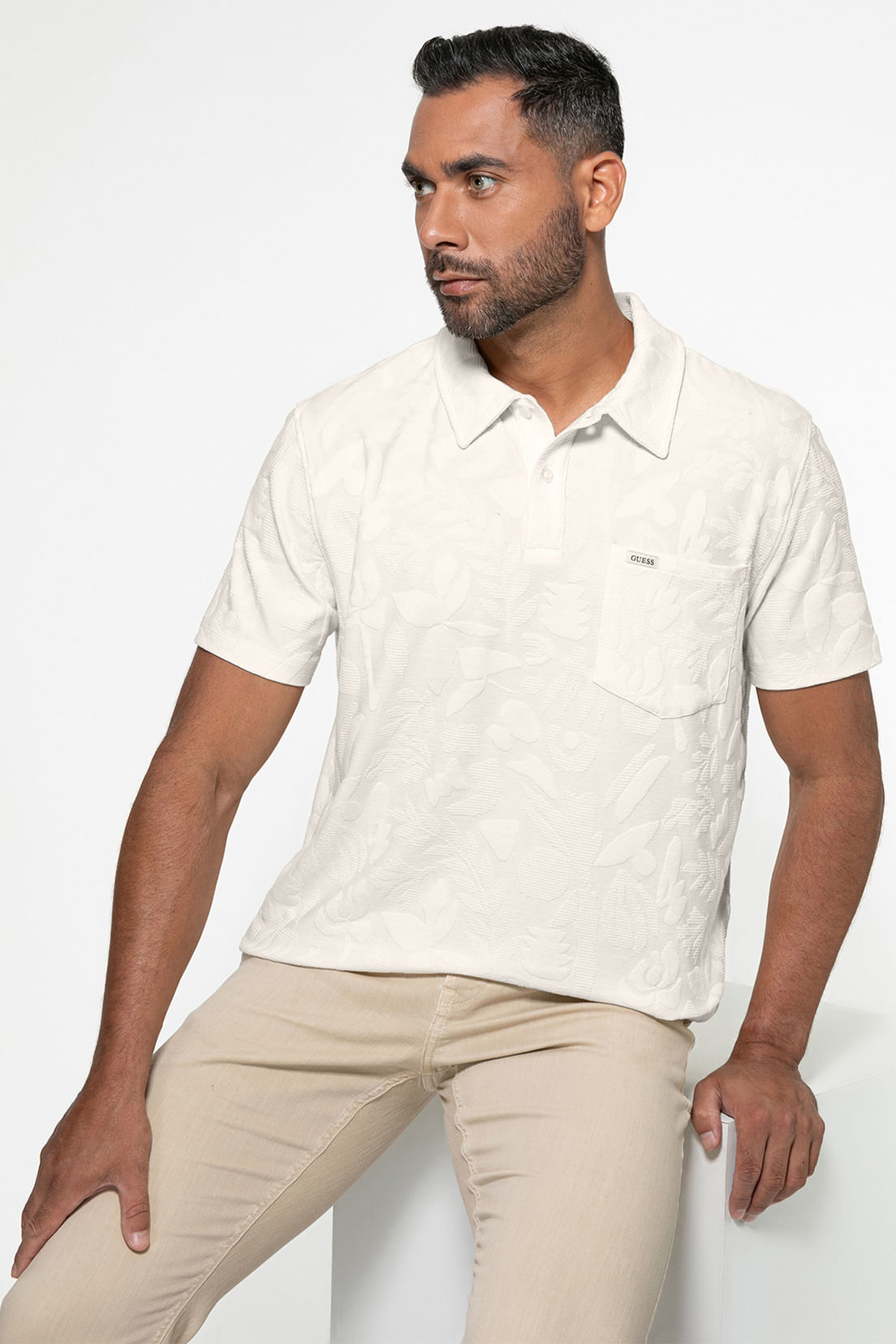 Camisa Polo Jacquard Floral Off White - Imagem 11