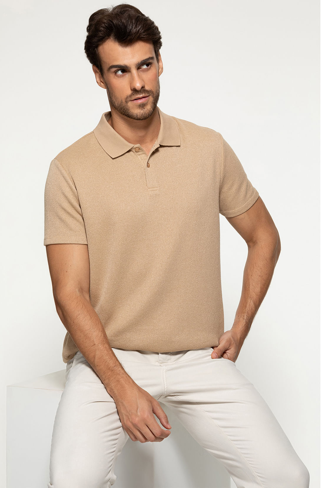 Camisa Polo Malha Soft Bege - Imagem 5