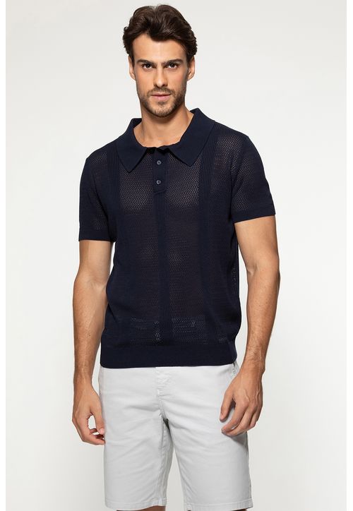 Camisa Polo Eco Tricot Vazada Azul Escuro