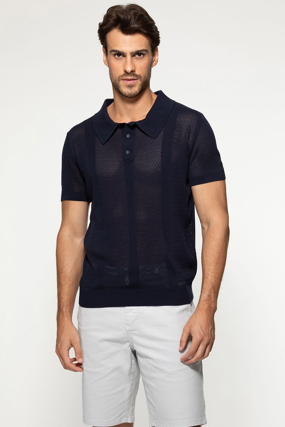 Camisa Polo Eco Tricot Vazada Azul Escuro - Imagem 7
