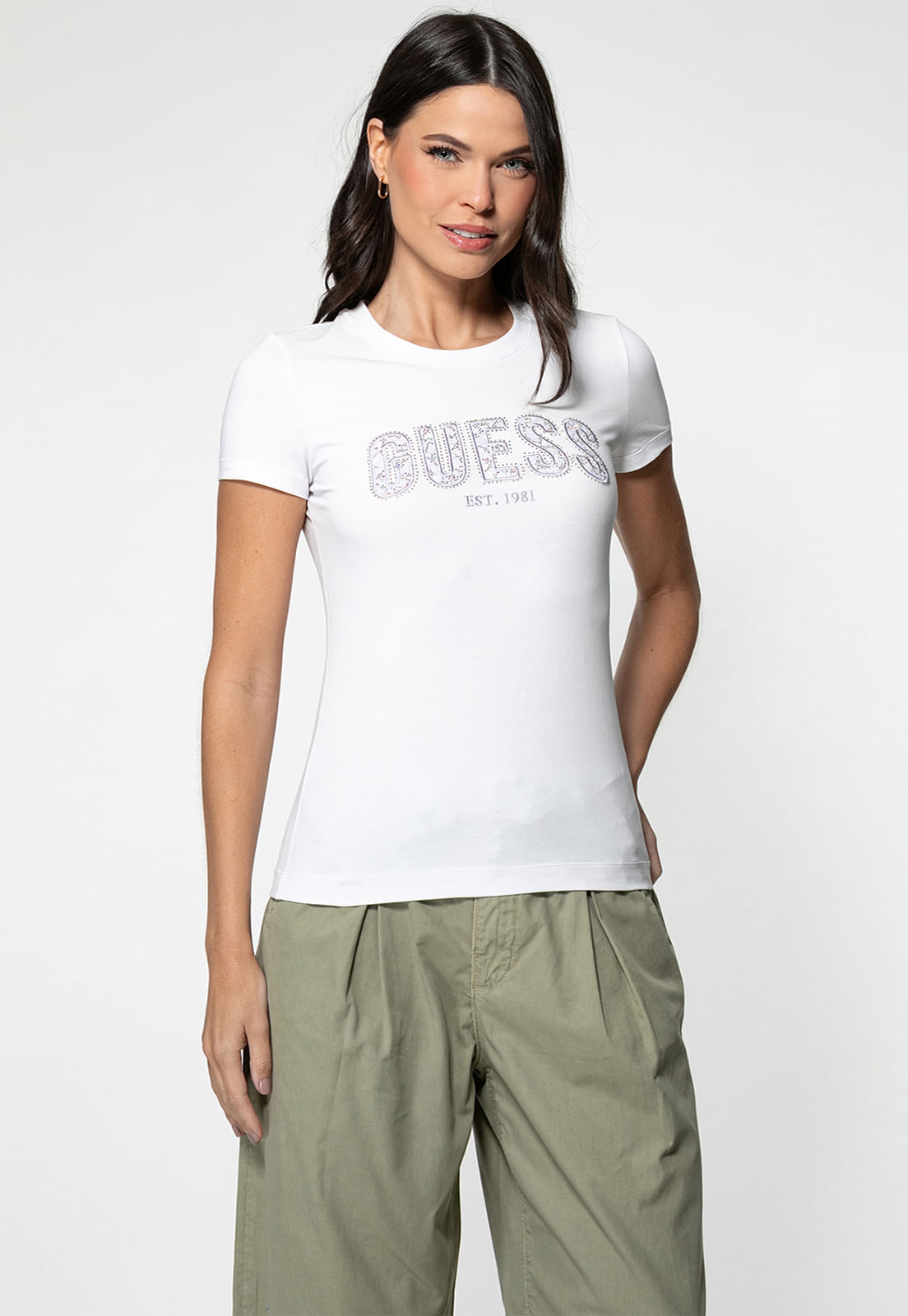 Camiseta Eco Guess Renda E Hot Fix Branco