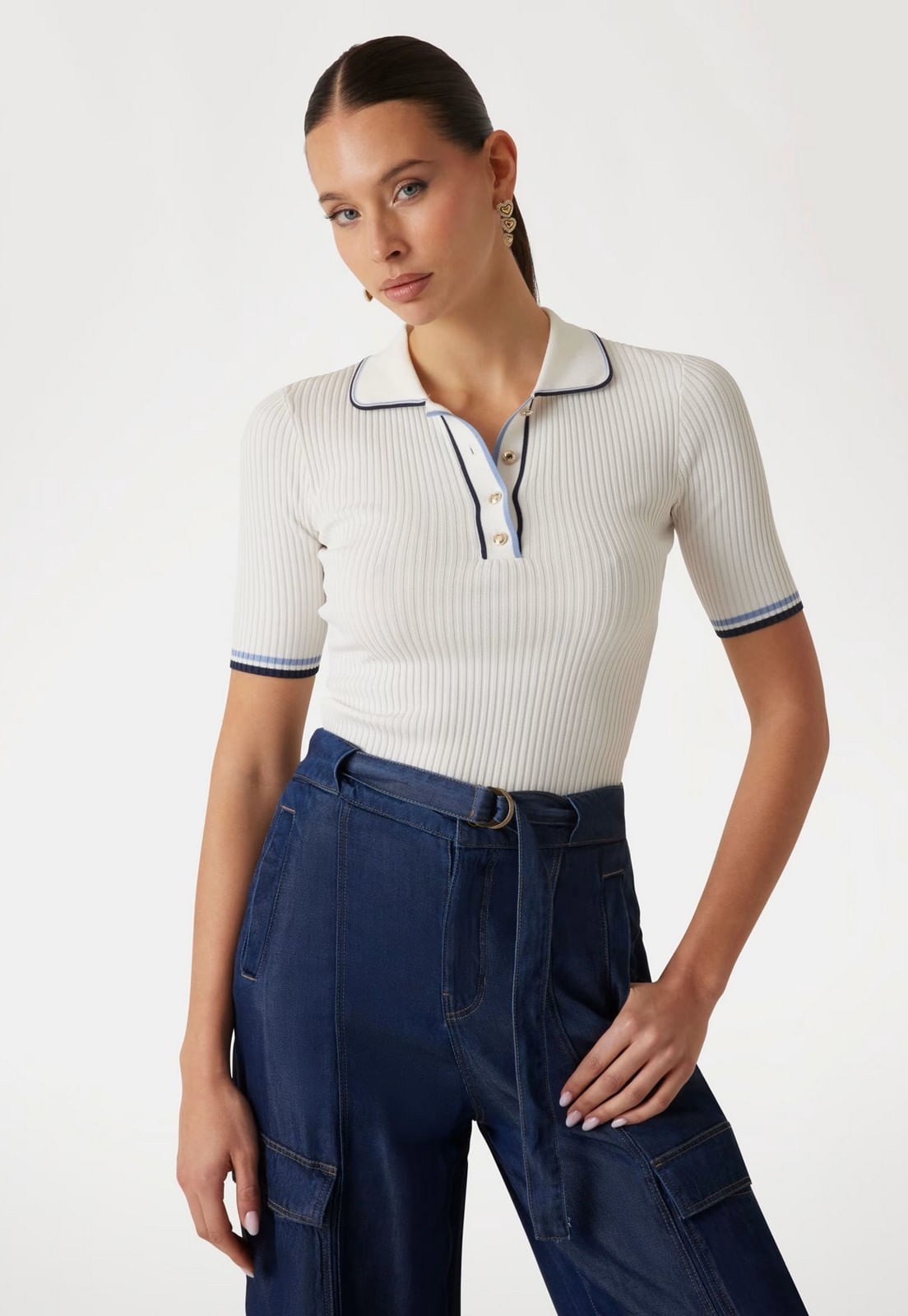 Blusa Polo Tricot Canelada Off White - Imagem 21
