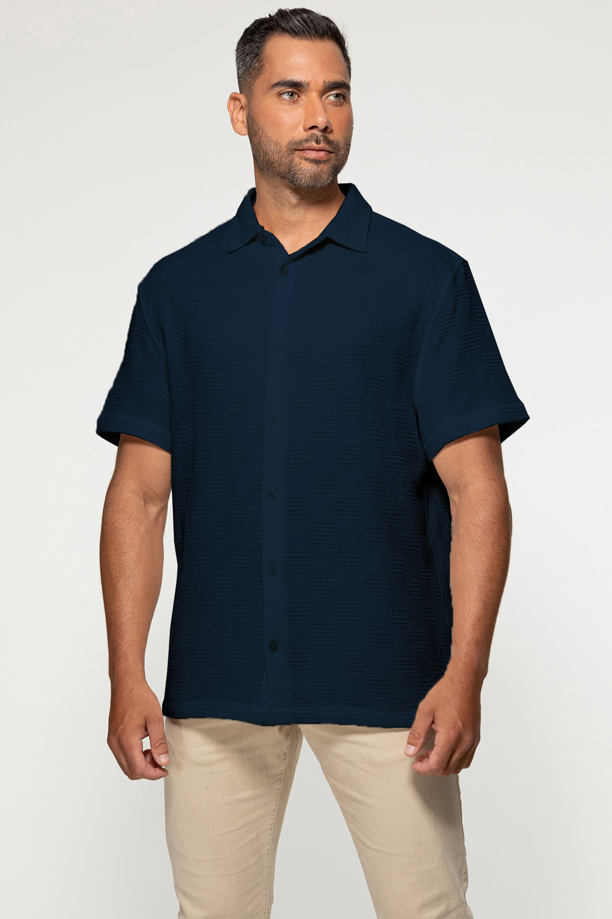 Camisa Manga Curta Maquinetada Azul Escuro - Imagem 3