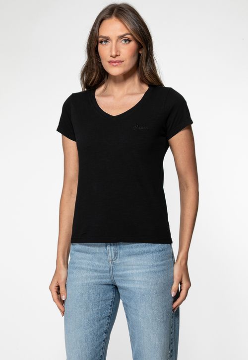 Camiseta Guess Dec V Bordado Cursivo Preto