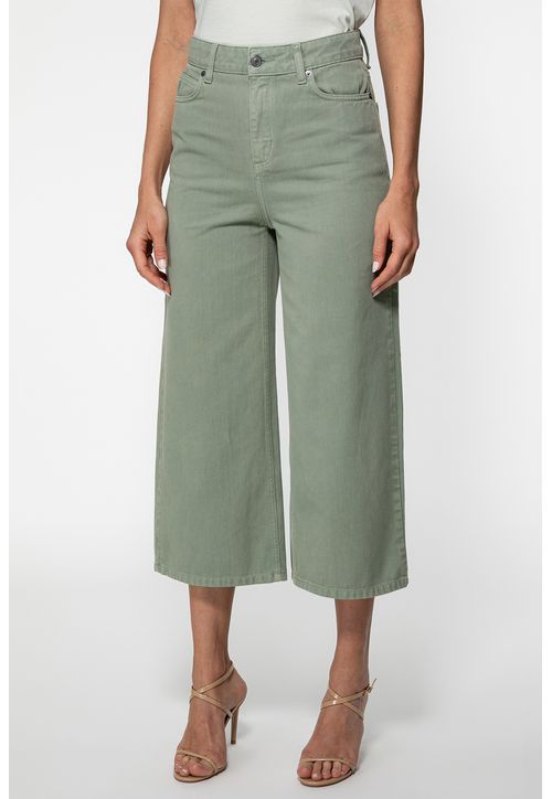 Calça Sarja Wide Leg Cropped Verde Musgo