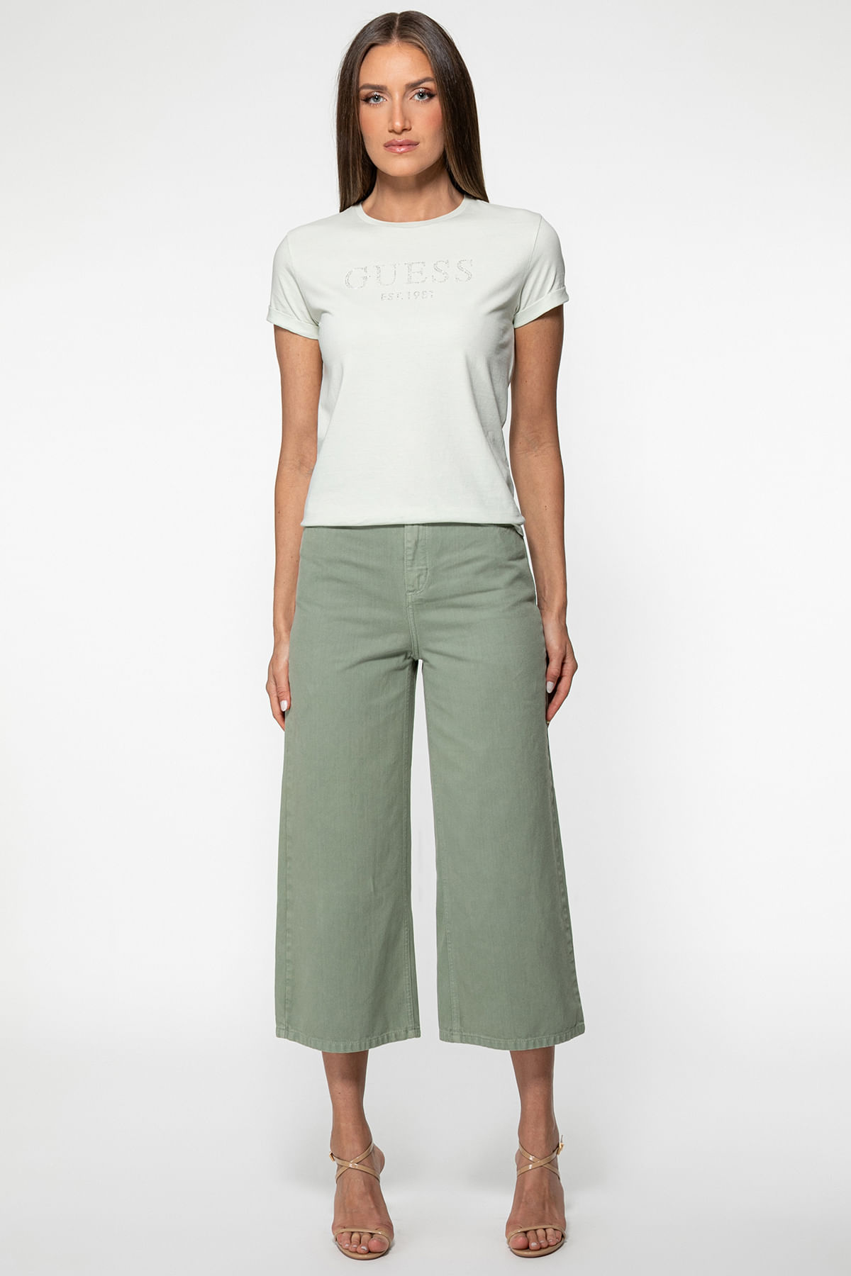 Calça Sarja Wide Leg Cropped Verde Musgo - Imagem 8