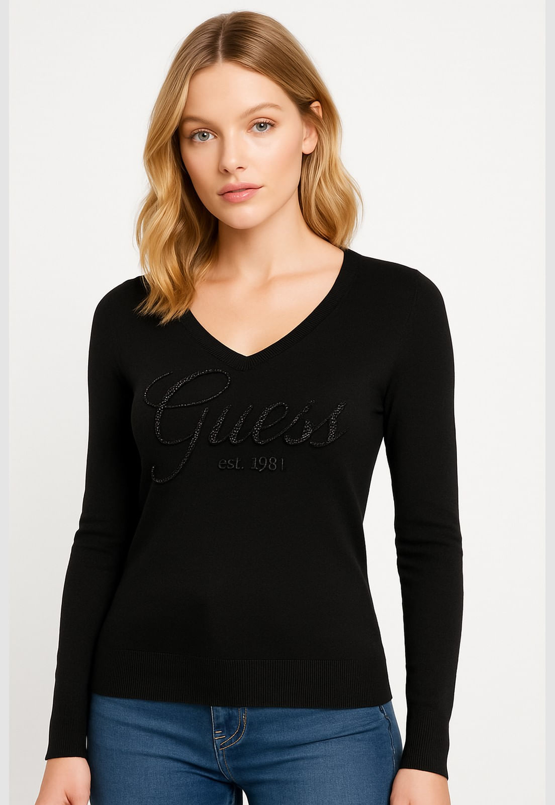 Suéter de Tricot Guess Dec V Bordado E Hot Fix Preto - Imagem 9
