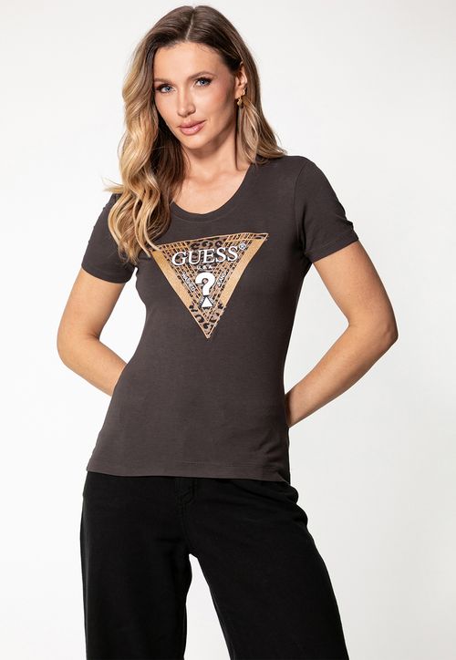 Camiseta Logo Animal Print Hot Fix Marrom