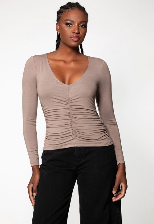 Blusa Manga Longa Franzido Decote V Bege