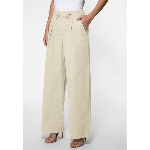 Calça Sarja Wide Leg Botões Bege