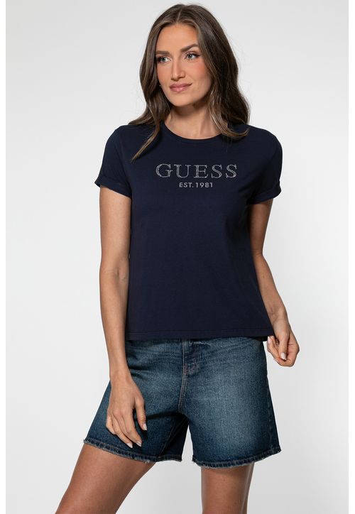 Camiseta Guess Manga Dobrada Hotfix Azul Escuro