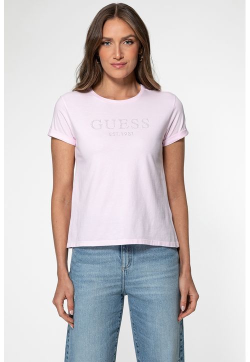 Camiseta Guess Manga Dobrada Hotfix Rosa Claro