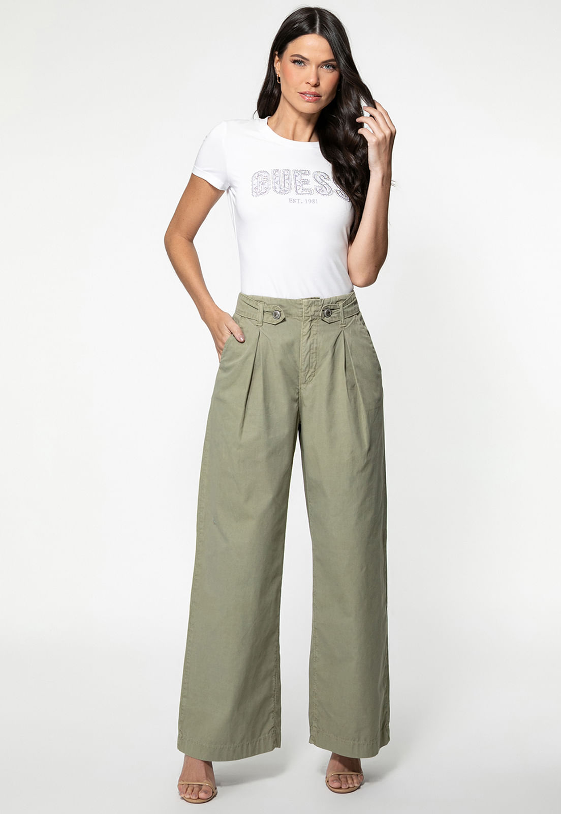 Calça Guess Sarja Wide Botões G Verde Musgo - Imagem 32