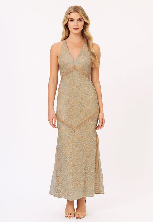 Vestido Longo S/m Bordado Bege