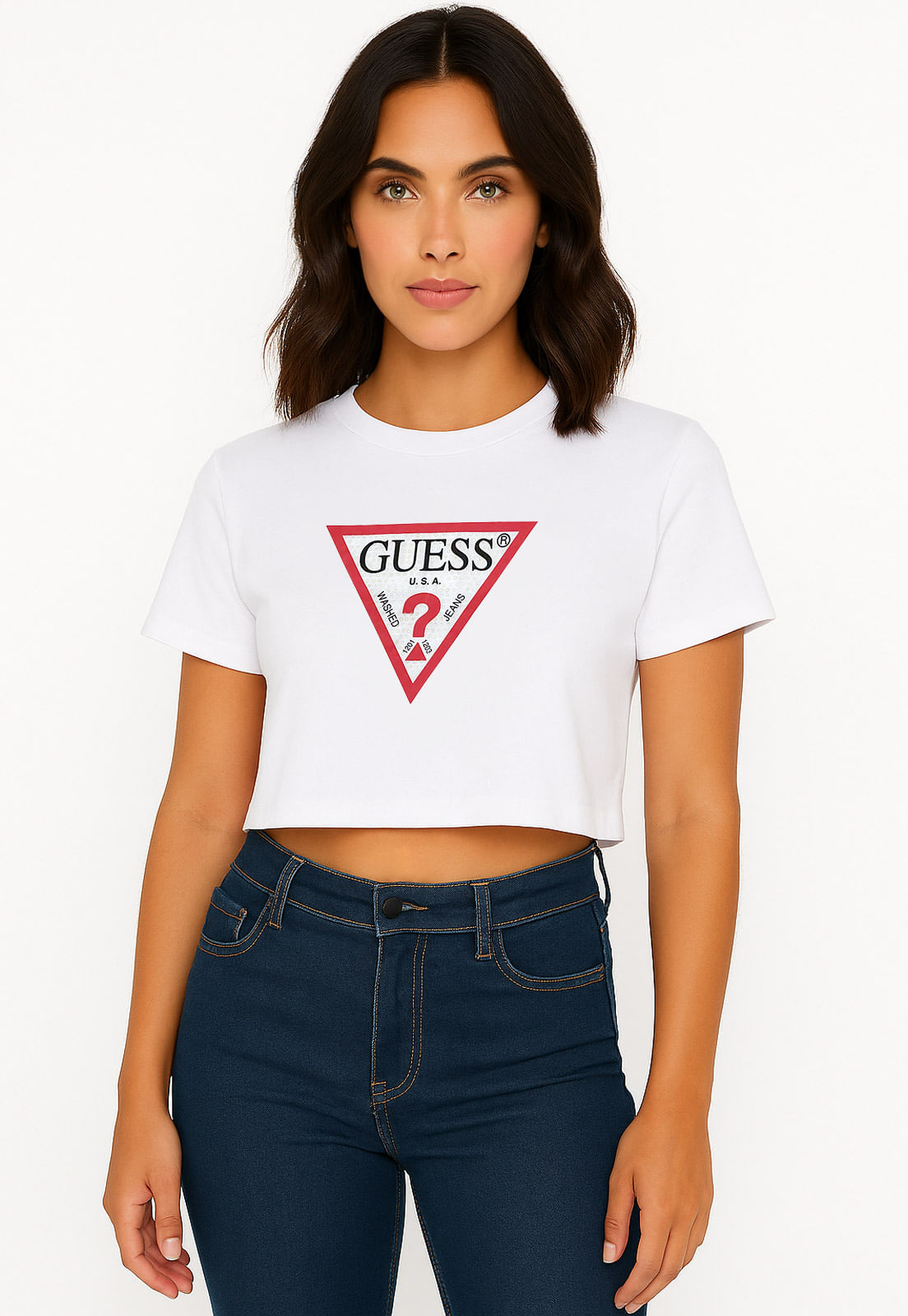 Camiseta Cropped Guess Triangulo Logo Hotfix Branco