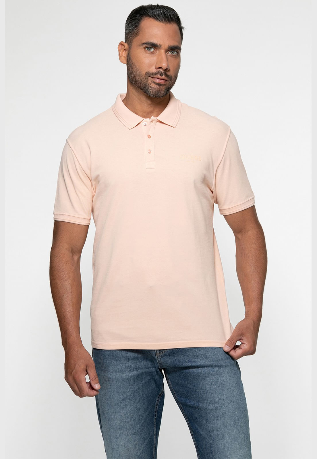 Camisa Polo Guess Silk Relevo Est 1981 Rosa Claro