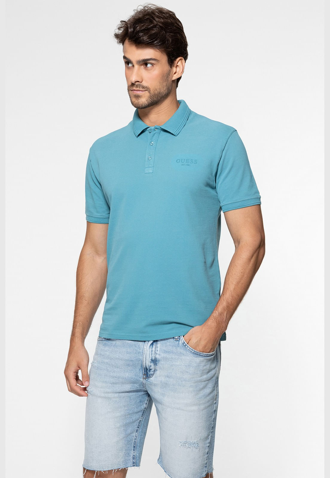 Camisa Polo Guess Silk Relevo Est 1981 Azul