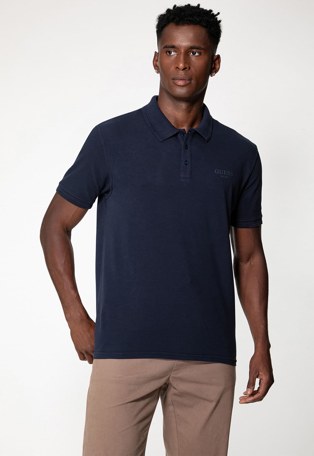 Camisa Polo Guess Silk Relevo Est 1981 Azul Escuro