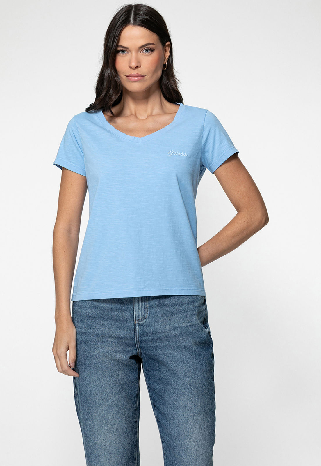 Camiseta Guess Dec V Bordado Cursivo Azul