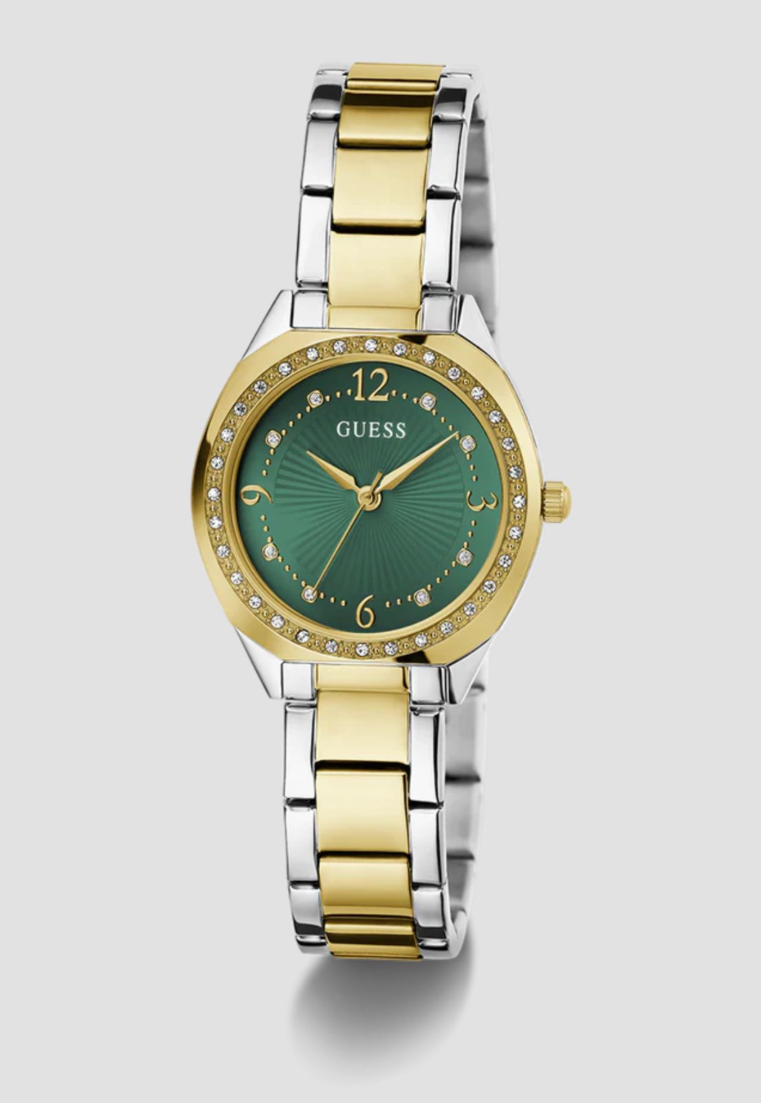 Relógio Redondo Verde Cristais Aço Prata Dourado - Imagem 3