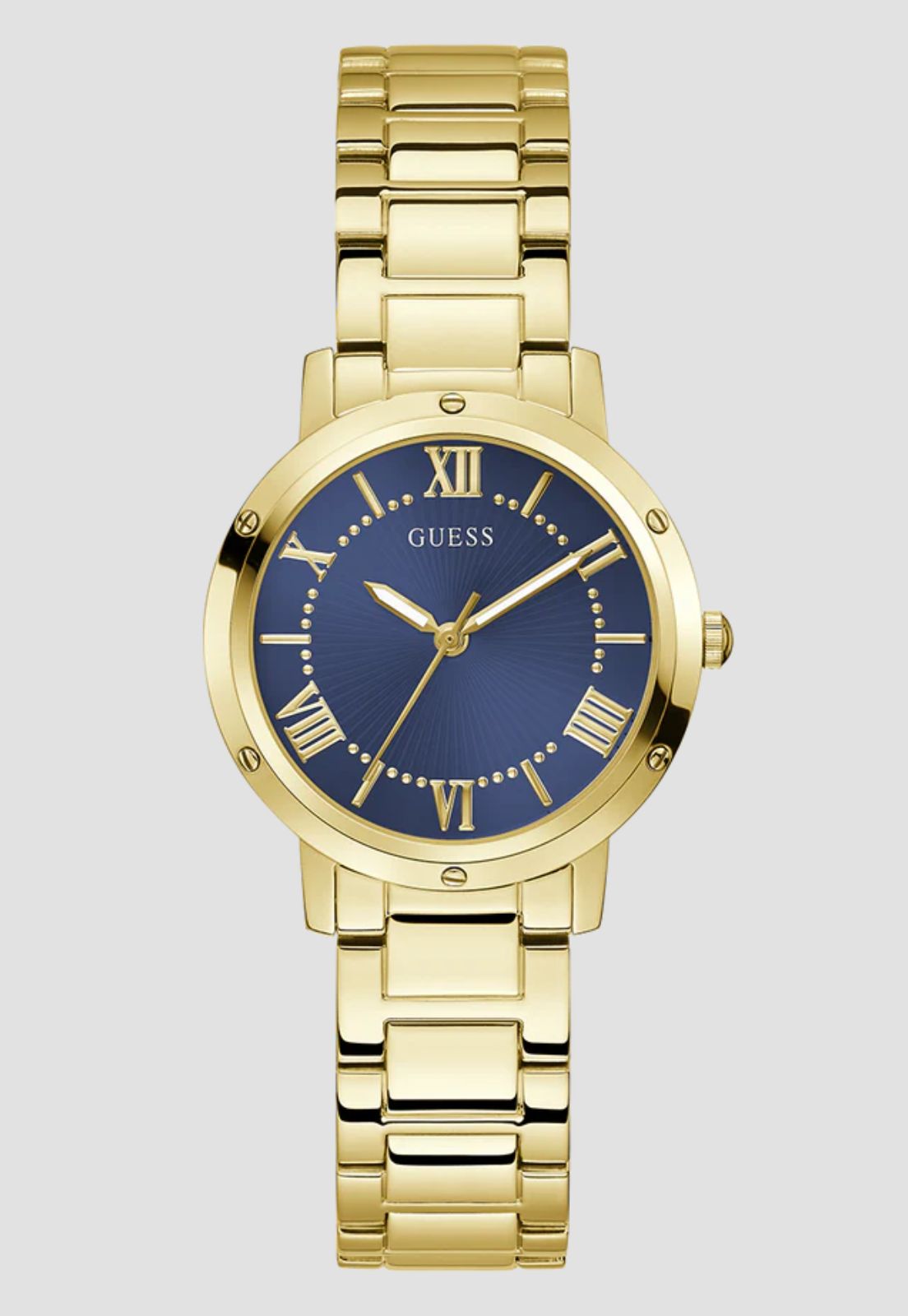 Relógio Redondo Analógico Azul Aço Dourado