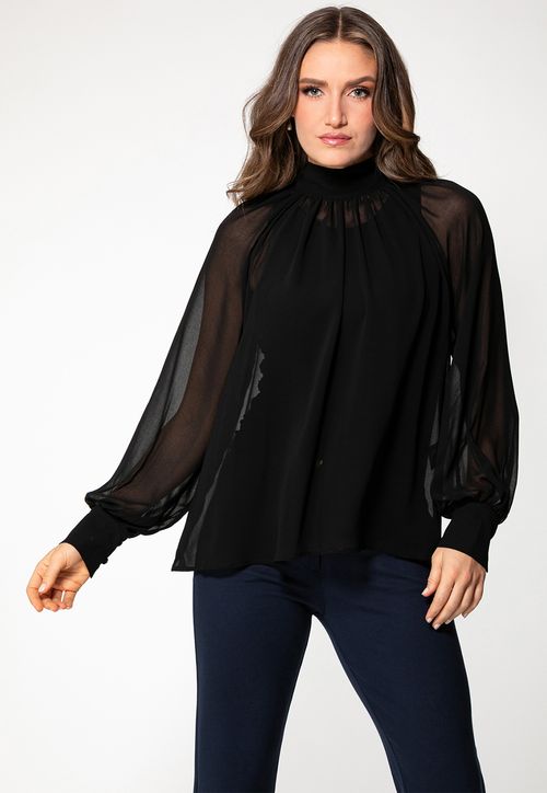 Blusa Eco Manga Longa Laço Preto
