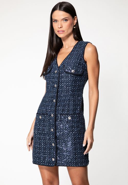 Vestido Denim Bordado Paetês Azul Marinho