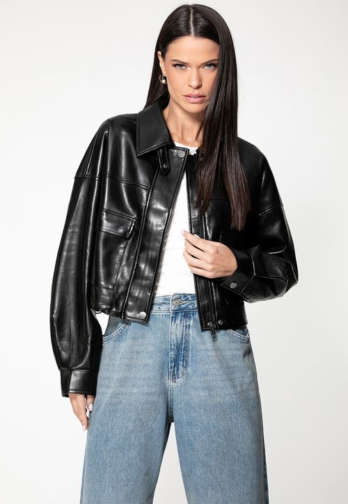 Jaqueta Cropped Bolsos Preto