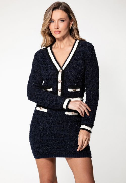 Cardigan Tricot Bouclé Azul Marinho