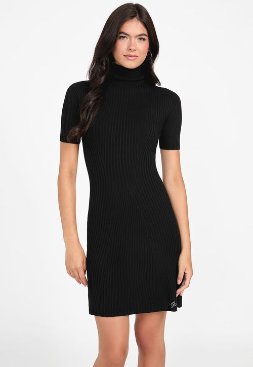 Vestido Tricot Canelado Eco Gola Alta Preto