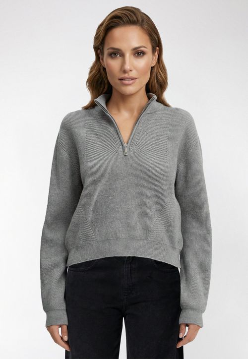 Blusa de Tricot Eco Canelada Zíper Cinza