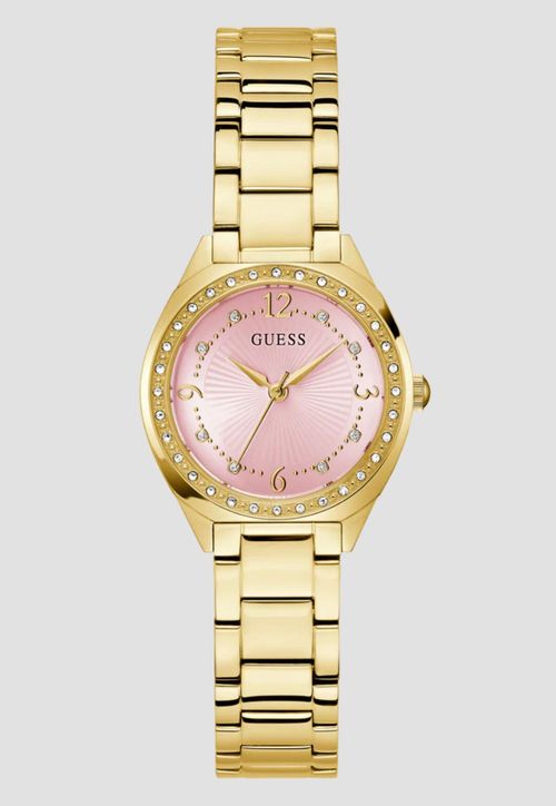 Relógio Redondo Cravejado Rosa Dourado