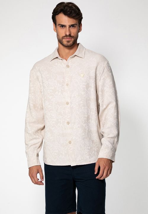 Camisa Linho Manga Longa Jacquard Bege