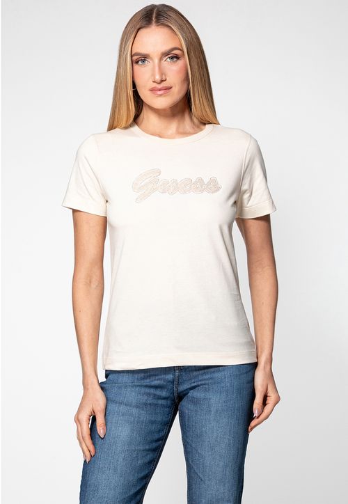 Camiseta Guess Bordado Hotfix Bege