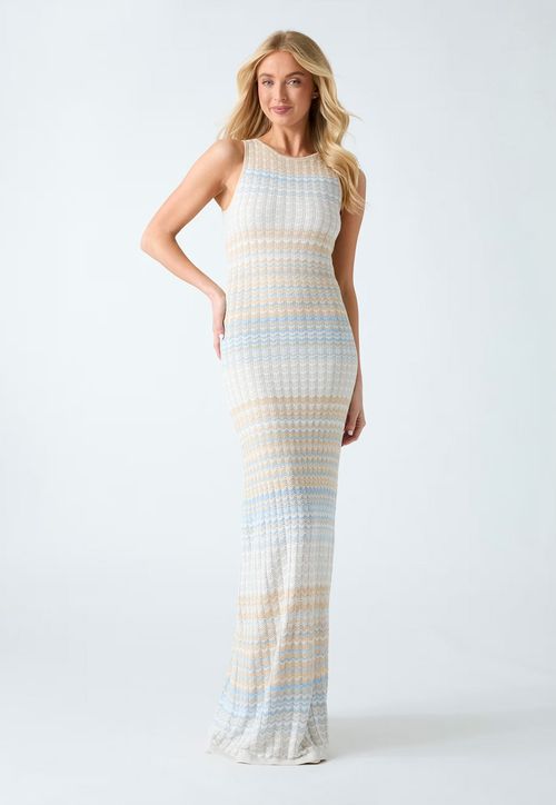 Vestido Longo Tricot Eco Ponto Trabalhado Bege