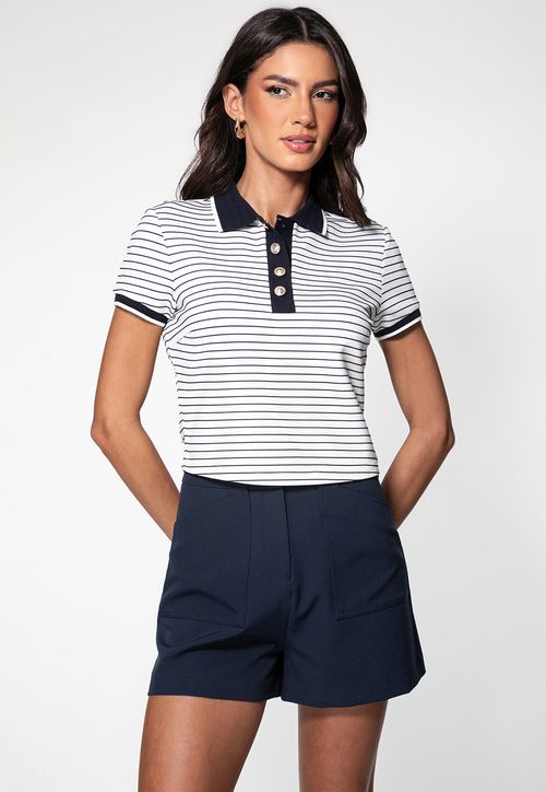 Blusa Polo Eco Listrada Branco