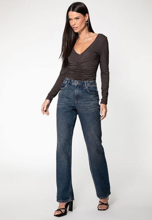 Blusa Manga Longa Franzido Decote V Marrom