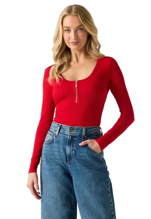 Blusa Ml Rib Ziper Decote Vermelho Escuro