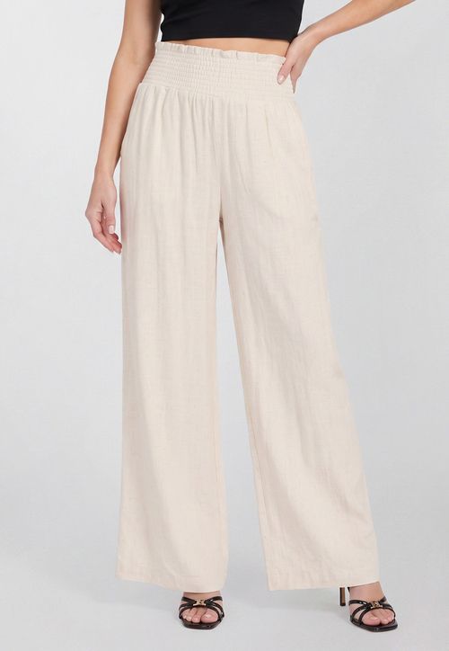 Calça Wide Leg Elástico Visco Linho Off White